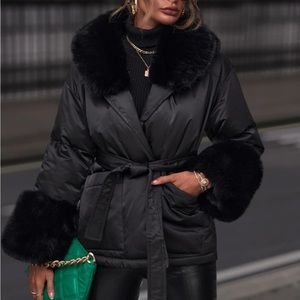Luxe vegan fur detail belted puffer coat